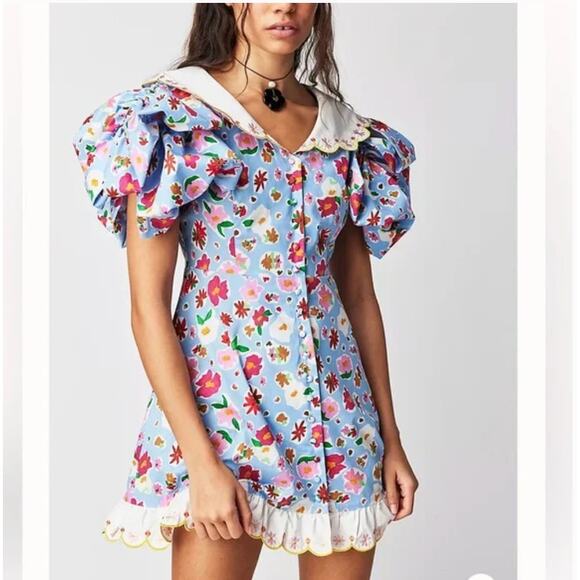 EUC $340 CeliaB Blue Floral Puff Sleeve Ruffle Moonstone Mini Dress - Picture 1 of 7